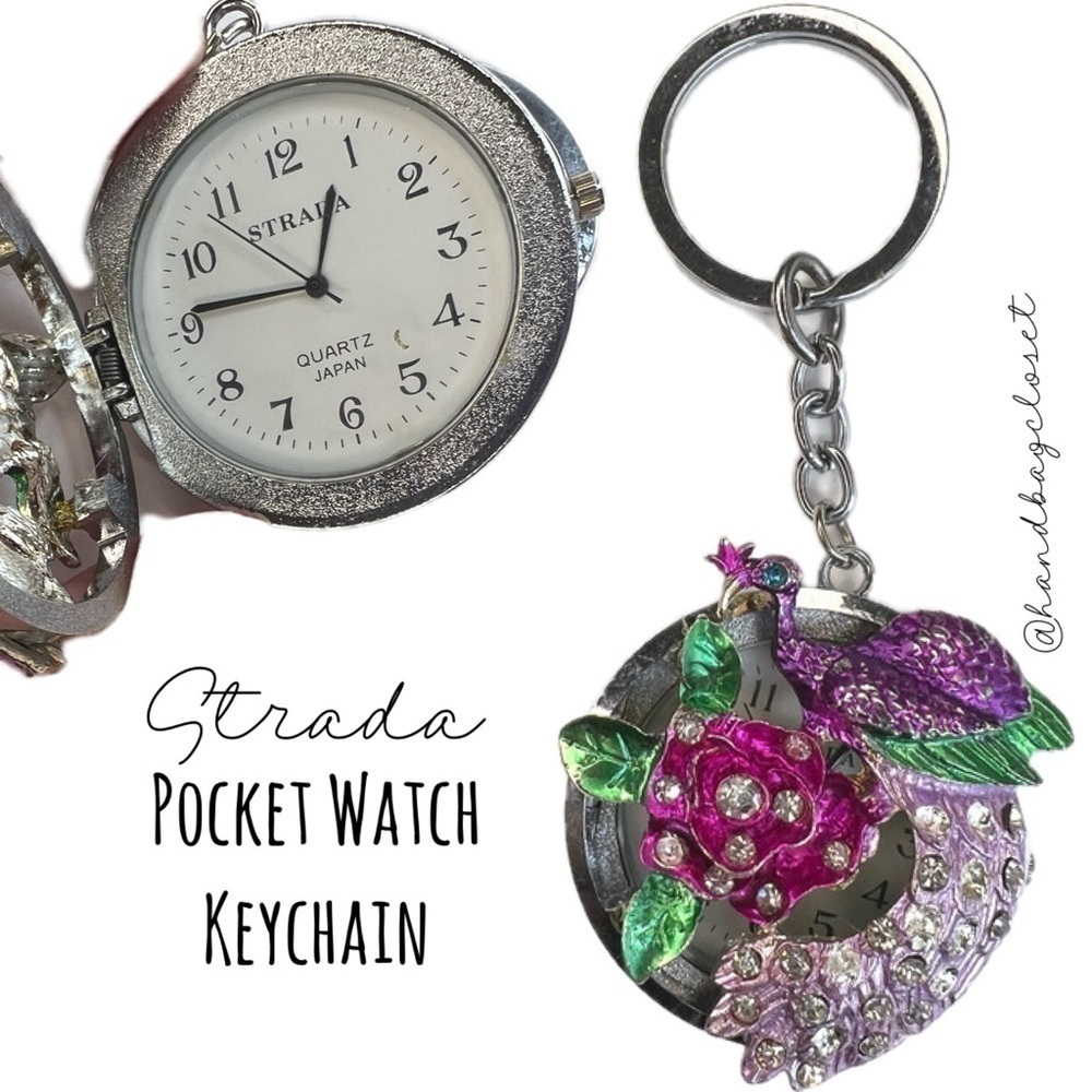 Strada Peacock Vintage Crystal Pocket Watch Key Chain Charm Japan Keychain